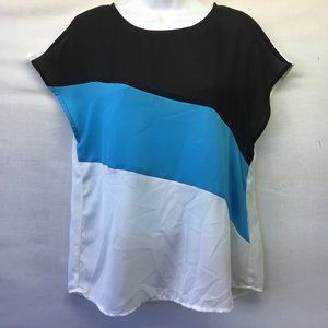 Women's Top Striped Sleeveless Black Blue White Tunic Blouse Back Keyhole Size M